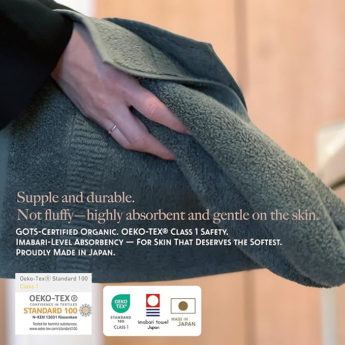 【Proof of Purity】 Hand Towel, 14 x 28 inch, 100% Organic Cotton, OliveGreen(Marked as Dark Gray),Double-Ply Yarn 30/2, Oeko-Tex Class 1, Loop-Dense, Made in Japan,Pack of 2