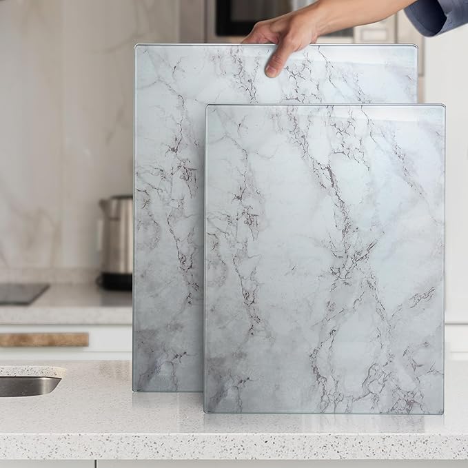 Glass Cutting Board 20”x16”: Tempered Glass Kitchen Counter Protector - Durable- Scratch-Resistant, Heat-Proof - Design 3 - Grey Marble Effect
