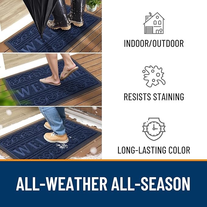OLANLY Welcome Door Mat Indoor Outdoor Entrance, Heavy Duty Sturdy Front Door Mat, Waterproof All-Weather Doormat, Stain Resistant, Low Profile, Easy Clean Patio Entryway Mat, 29.5 x 17, Navy