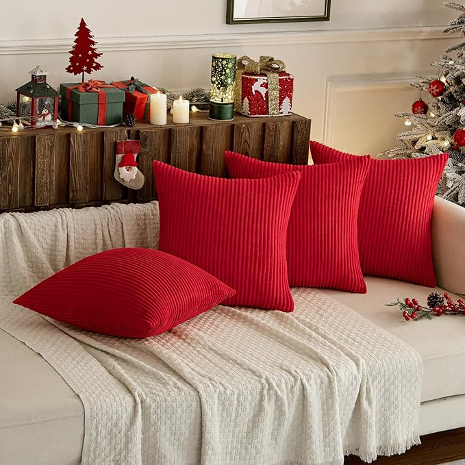 MIULEE Boho Farmhouse Throw Pillow Covers 18x18 Inch Set of 4 Mordern Nordic Cushion Covers Soft Corduroy Home Decor for Couch Bed Sofa Living Room Christmas Red