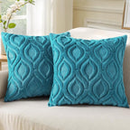 decorUhome Fall Throw Pillow Covers 18x18 Inch Set of 2, Soft Plush Decorative Faux Fur Teal Solid Couch Pillow Covers, Accent Farmhouse Neutral Square Euro Pillow Cases for Sofa Bed Living Room