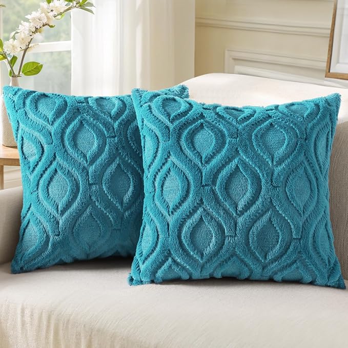decorUhome Fall Throw Pillow Covers 24x24 Inch Set of 2, Soft Plush Decorative Faux Fur Teal Solid Couch Pillow Covers, Accent Farmhouse Neutral Square Euro Pillow Cases for Sofa Bed Living Room