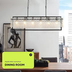 Modern Rectangle Black Crystal Chandeliers for Dining Room, 6 Lights 44" Large Rectangular Water Ripple Glass Kitchen Island Light Fixture, Linear Farmhouse Pendant Light Fixture Over Table