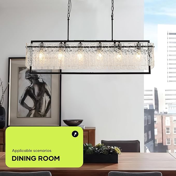 Modern Rectangle Black Crystal Chandeliers for Dining Room, 6 Lights 44" Large Rectangular Water Ripple Glass Kitchen Island Light Fixture, Linear Farmhouse Pendant Light Fixture Over Table
