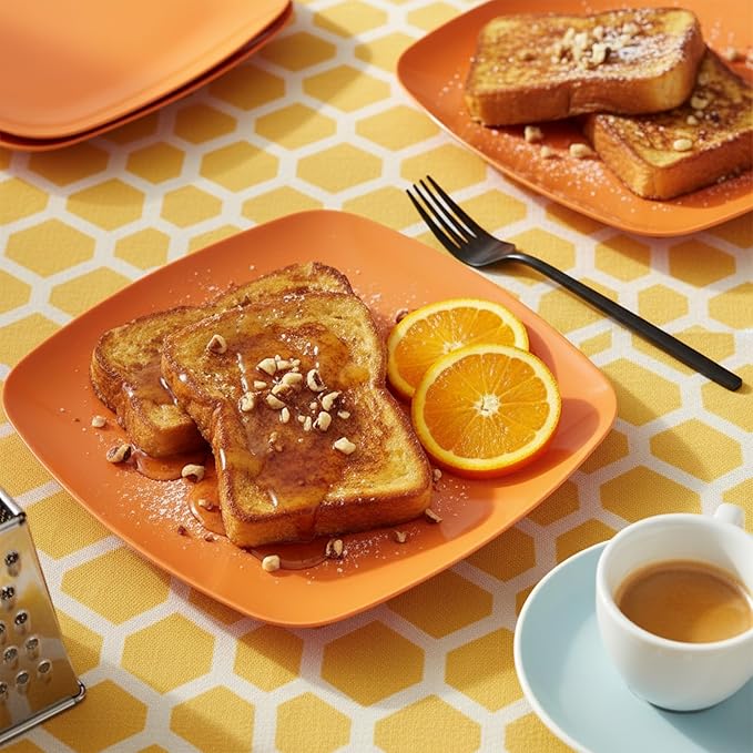 TP 10.5" Melamine Square Dinner Plates, 6-piece Plate Set Unbreakable Serving Dishes for Indoors and Outdoors, Unbreakable Dinner Service for 6, Orange