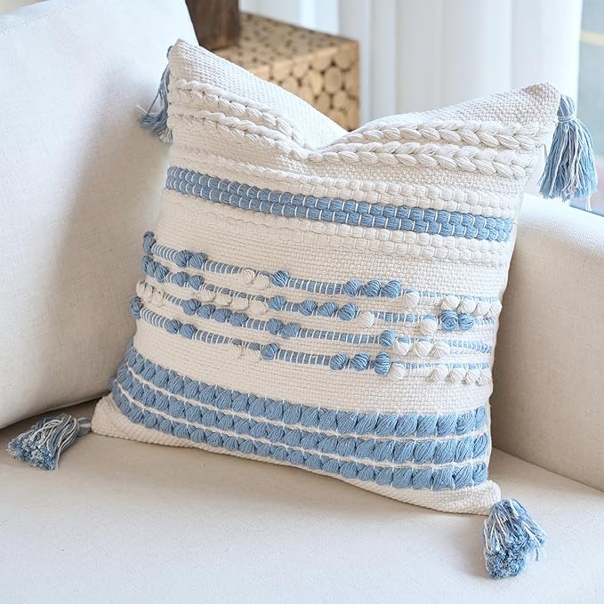 18x18 Boho Blue Decorative Pillow Cover with Cording and Tassels Handmade Accent Woven Textured Square Throw Pillow Case for Couch Sofa Farmhouse Living Room Home Decor