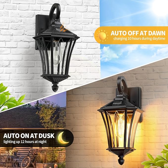YSN 16" Solar Wall Lights Outdoor, Dusk to Dawn Exterior Lighting Fixtures, Black Solar Porch Lights Outdoor Sconce Lights, Waterproof Outside Light for House Porch Garage Yard, 1 Pack