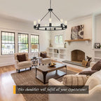 9-Lights Farmhouse Chandelier | Dia 32'' Black Wagon Wheel Chandelier | Rustic Hanging Dining Room Light Fixture | Apply to Living Room | Kitchen Island | Entryway | Foyer