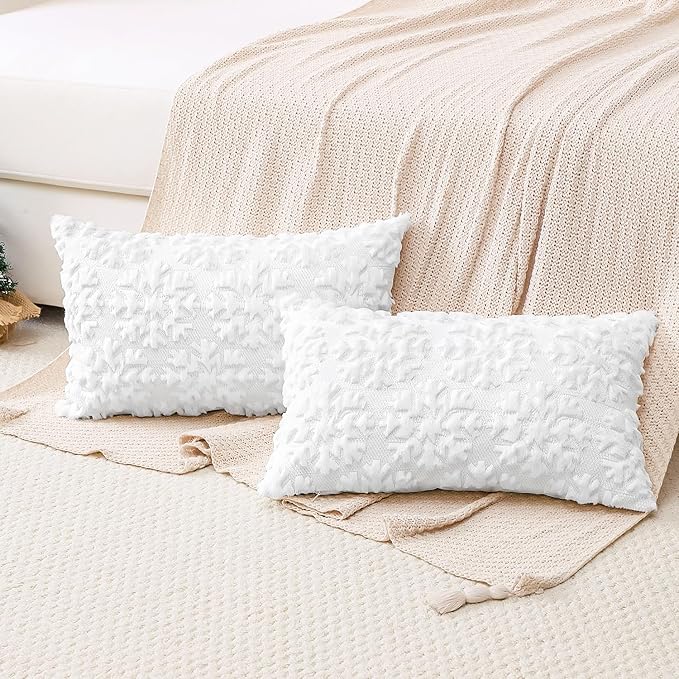 OTOSTAR Set of 2 Xmas Soft Plush Short Wool Velvet Decorative Throw Pillow Covers Rectangular Luxury Style Cushion Case Pillow Shell for Sofa Bedroom Snowflake White, 16x24 Inch