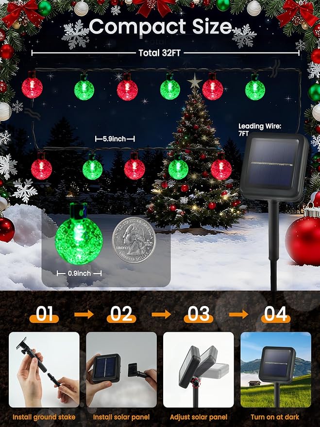 2-Pack 100 LED Red and Green Solar Christmas Lights Outdoor - 64FT Crystal Globe Waterproof Solar String Lights with 8 Lighting Modes for Christmas Decorations, Garden, Patio, Party, Porch
