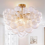 Semi Flush Mount Bubble Ball Chandelier 24" Clear Swirled Ribbed Blown Glass Globe Gold Chandeliers Ceiling Light Fixture for Dining Living Room Bathtub Bathroom