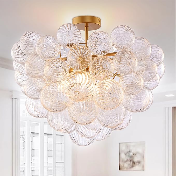 Semi Flush Mount Ceiling Bubble Ball Chandelier Lighting Dia 20 Inch Gold Clear Ribbed Blown Glass Chandeliers Ceiling Mount Light Fixtures for Bedroom, Living Room, Entry, Bathroom