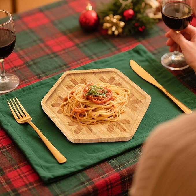 TJ POP Christmas Hexagonal Bamboo Serving Tray with Laser-Carved Snowflake Design - Natural Wooden Food Tray Serving Platter for Holiday Snacks, Drinks, Festive Kitchen Dining Decor (10” x 9”)