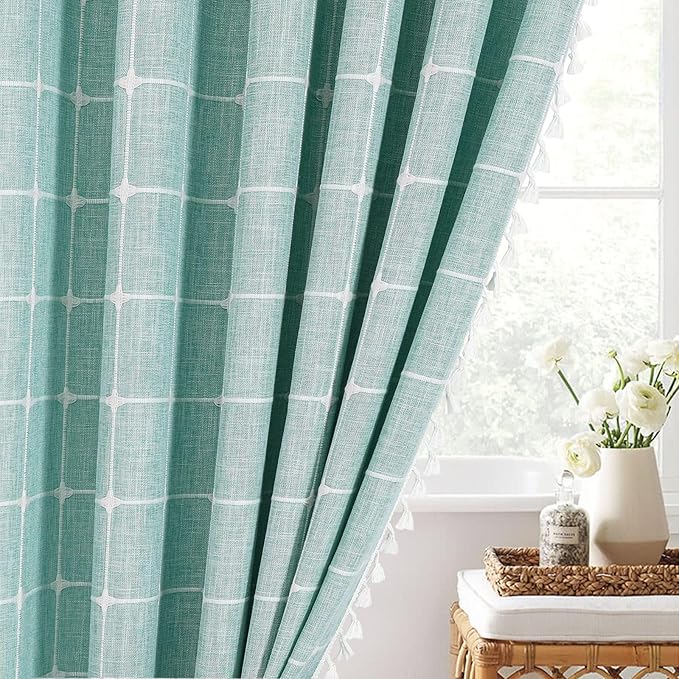 MitoVilla Teal Blue 36 x 72 Boho Small Stall Shower Curtain, Turquoise Narrow Polyester Linen Fabric Shower Curtains for Farmhouse Bathroom Decor, Half Size Cloth Shower Curtain Set with Hooks