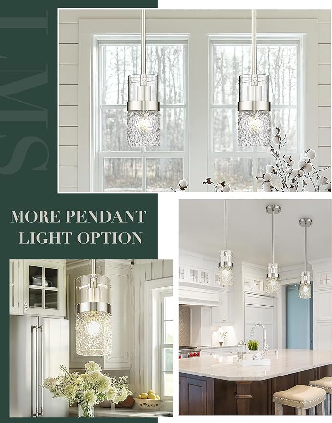 LMS Brushed Nickel Pendant Lights Kitchen Island, 1-Light Modern Glass Pendant Light Fixtures with Hammered Glass, Adjustable Mini Hanging Light for Kitchen Island Sink Bathroom, LMS-199