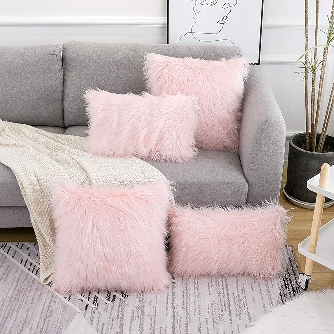 WLNUI Set of 2 Pink Christmas Decorative Fluffy Pillow Covers New Luxury Series Merino Style Blush Faux Fur Throw Pillow Covers Fuzzy Cushion Case for Sofa Bedroom Living Room Home Decor 16x16 Inch