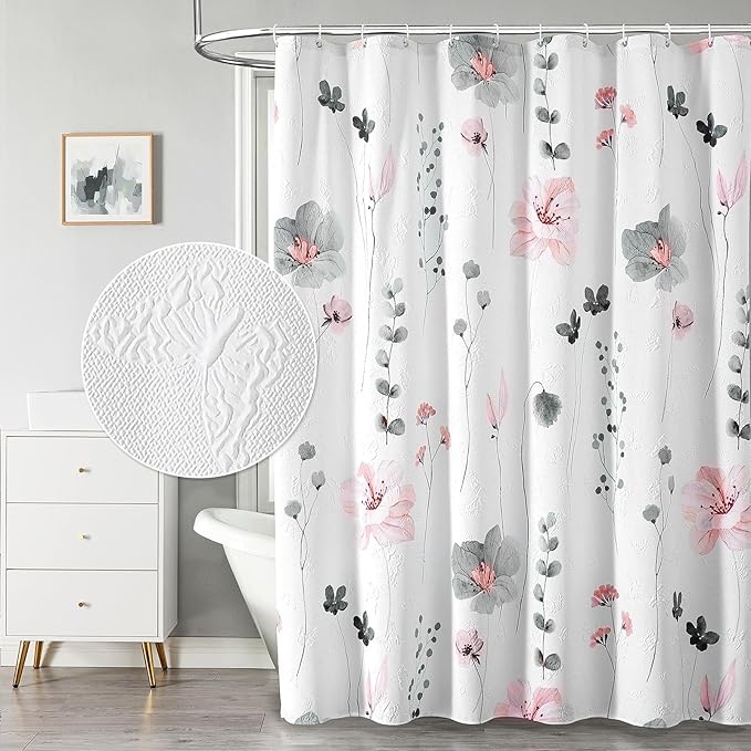 QiyI Extra Long Shower Curtain 72 x 84, Modern Watercolor Floral Bath Curtain, 3D Embossed Textured Grey Pink Flower Cloth Bathroom Curtains, Waterproof Fabric Farmhouse Shower Curtain Set with Hooks