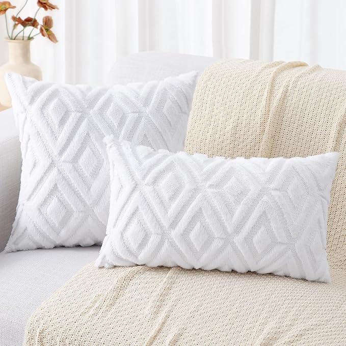 decorUhome Couch Throw Pillow Covers 22x22 Set of 2, Decorative Soft Plush Faux Wool Neutral Accent Pillow Covers for Bed Sofa Living Room, Pure White