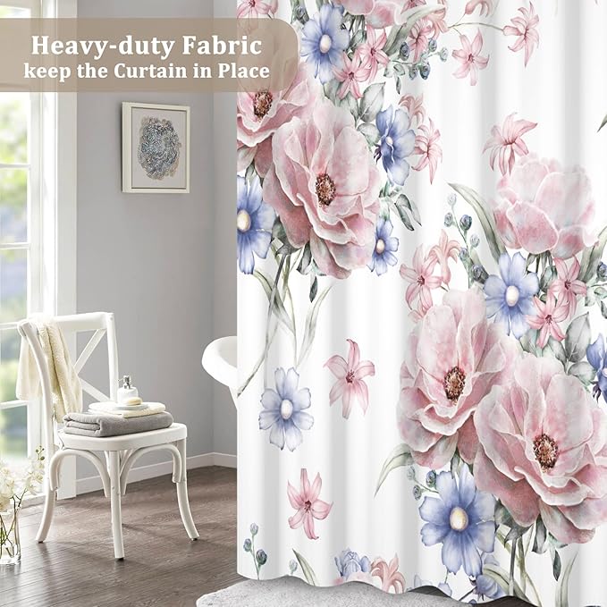 Colorful Floral Shower Curtain Watercolor Flower Modern Design Bathroom Curtain Girls Pretty Plant Decor Shower Curtain with Hooks Waterproof Polyester Fabric 48x72 Inch