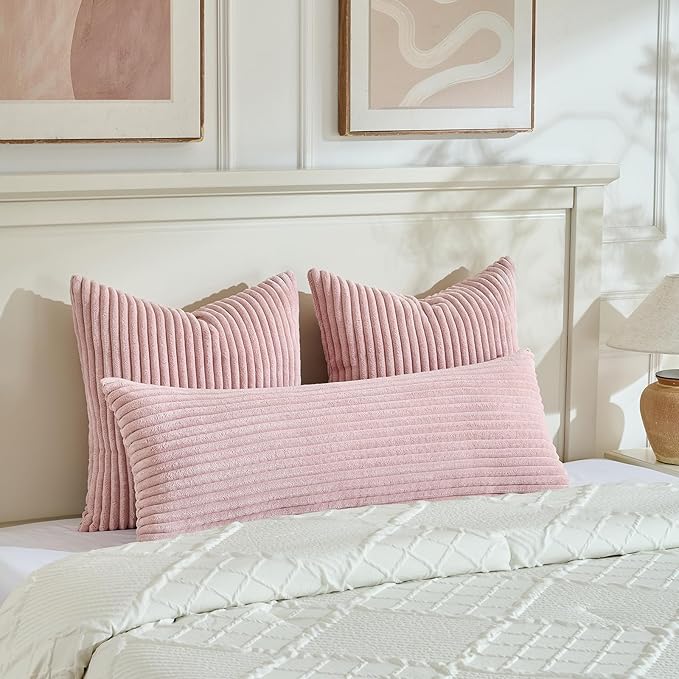 Fancy Homi Set of 2 Blush Pink Boho Decorative Throw Pillow Covers 24x24 Inch for Couch Bed Sofa, Aesthetic Modern Bohemian Room Decor, Soft Fuzzy Fluffy Cozy Corduroy Textured Cushion Case 60x60cm