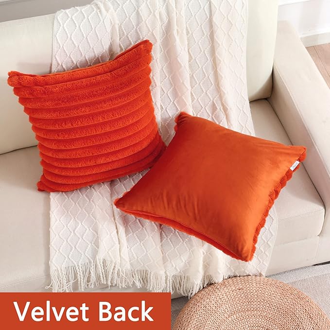 FUTEI Burnt Orange Striped Decorative Throw Pillow Covers 24x24 Inch Set of 2,Square Winter Decorations Couch Euro Pillow Case,Soft Cozy Faux Rabbit Fur & Velvet Back,Modern Home Decor for Bed