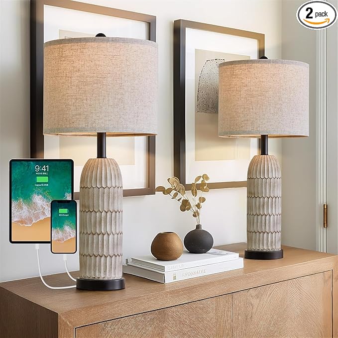 OYEARS 26.5" Table Lamps Set of 2 - Bedside Lamp with USB A+C Charging Ports,Rustic,Perfect for Nightstands and Bedrooms,Black