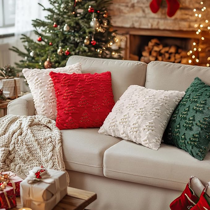 AQOTHES Christmas Tree Decorative White Throw Pillow Covers 20x20 Set of 2, Faux Fur Farmhouse Throw Pillows Cushion Cases for Xmas Winter Holiday Home Decor
