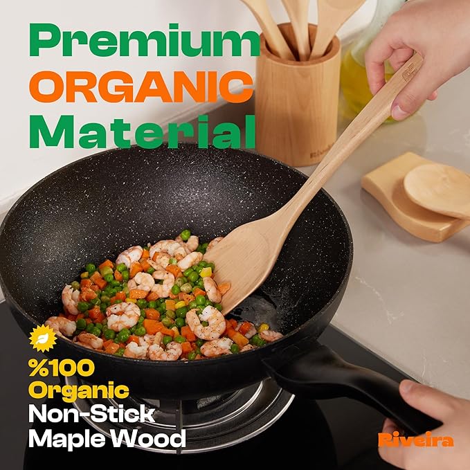 Riveira Maple Wooden Cooking Utensils Set of 6 Premium Quality Non-Toxic Wooden Spoons and Spatula for Cooking