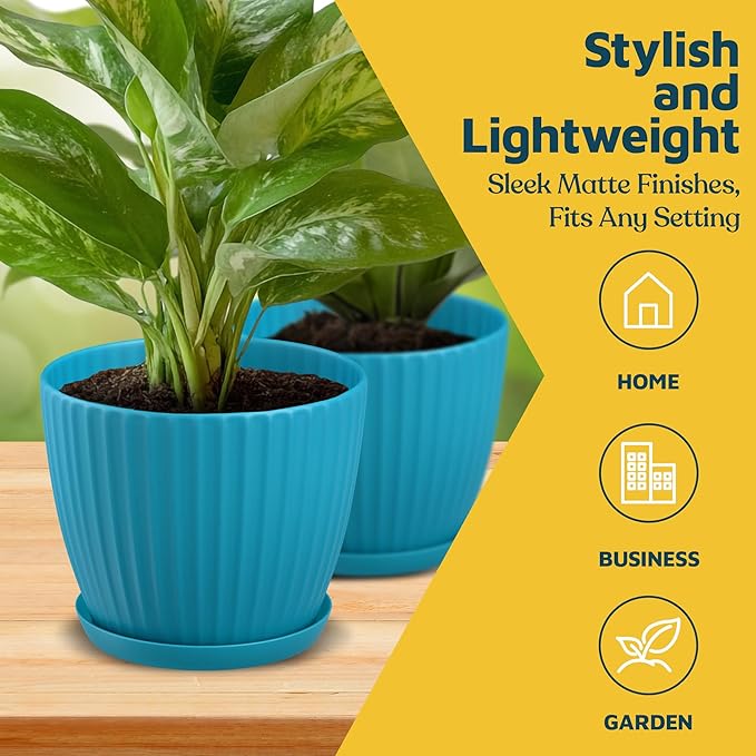 Blue 6-Inch Plant Pots with Drainage & Saucers 18 Pack, Indoor & Outdoor Planters for Houseplants, Herbs, and Flowers, Durable & Weatherproof Material, Stackable, Lightweight, Minimalist Design