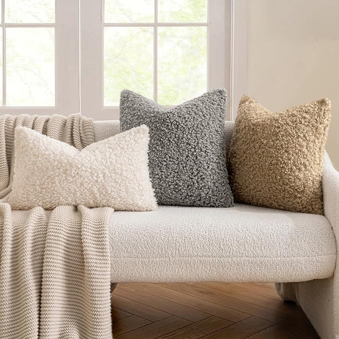 MIULEE Pack of 2 Lumbar Throw Pillow Covers 12x20 Inch Neutral Khaki Faux Fur Decorative Sherpa Pillow Covers Fuzzy Accent Soft Sheepskin Fleece Cushion Cases for Boho Home Decor Living Room Bed Chair