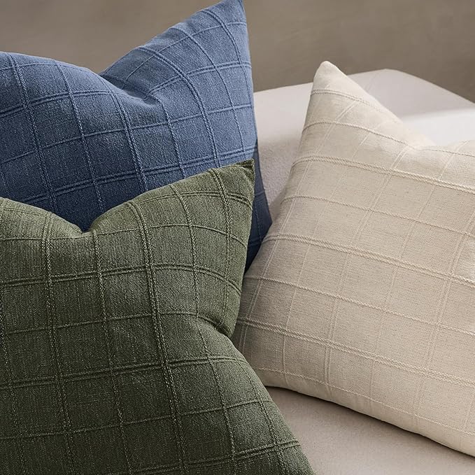 Woaboy Linen Check Throw Pillow Covers Set of 2 - Olive Green Farmhouse Modern Boho Vintage Christmas Decorative Cushion Covers for Sofa Couch Bedroom Living Room Decor 18x18 Inch