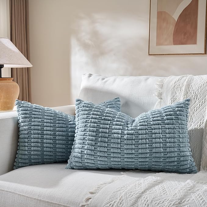 Fancy Homi 1 Pack Boho Light Blue Decorative Throw Pillow Covers 12x24 Inch for Couch Bed Sofa, Rustic Modern Farmhouse Home Decor, Soft Plush Corduroy Cute Rectangle Cushion Case 30x60 cm