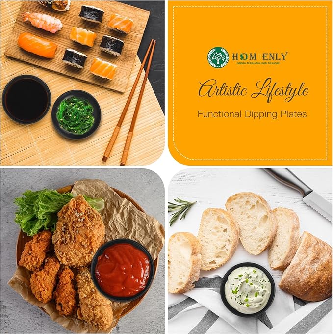 Plastic Dipping Plates Set of 8 - 4 inch Wheat Straw Plates,Soy Sauce Dish,Dipping Bowls,Small Serving Bowls for Side Dishes, Mini Appetizer Plates for Side Dishes,Condiment,BBQ and Party Dinner-Black