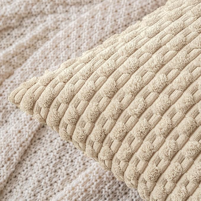 MIULEE Pack of 2 Decorative Throw Pillow Covers 18x18 Inch Soft Boho Striped Textured Corduroy Pillow Covers Modern Farmhouse Home Decor for Couch Bed Sofa Living Room Beige