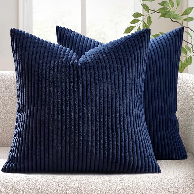 MIULEE Winter Pack of 2 Corduroy Soft Soild Decorative Square Throw Pillow Covers Cushion Cases Pillow Cases for Couch Sofa Bedroom Car 20 x 20 Inch 50 x 50 Cm Dark Blue