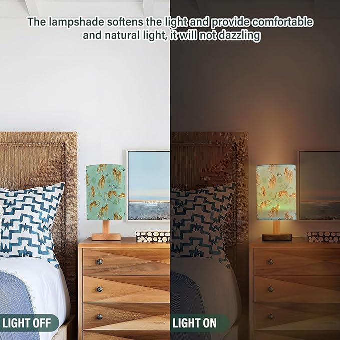 Table Lamp Vintage Cheetah Leopard Animal Tropical Palm Leaf Print Nightstand Lamp with Wood Base Fabric Lamp Shade Bedside Desk Lamp for Living Room Bedroom Kids Room Office