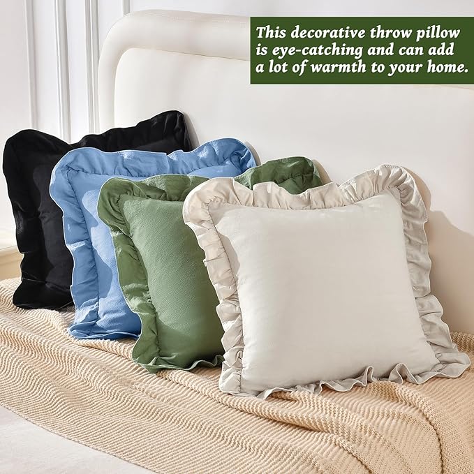 AmHoo Pack of 2 Throw Pillow Covers 100% Cotton Pre Washed Ruffle Decorative Pillowcase Cushion for Couch Sofa Bedroom 16 x 16-Inch Sage Green