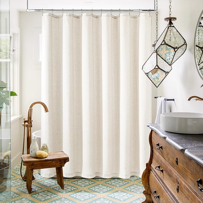 Cream Linen Shower Curtain 80 Inches Long Cloth Fabric Shower Curtain for Bathroom Neutral Hotel Bathtub Luxury Water Repellent Extra Long 80 Inch Drapes Set with Hooks Ivory Birch, 72x80