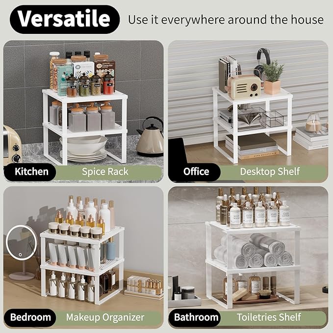 11" Wide Set of 2 Stackable Kitchen Cabinet Organizers Spice Racks,Office Desk Shelf Organizers Bookshelf Storage,Metal Carbon Steel