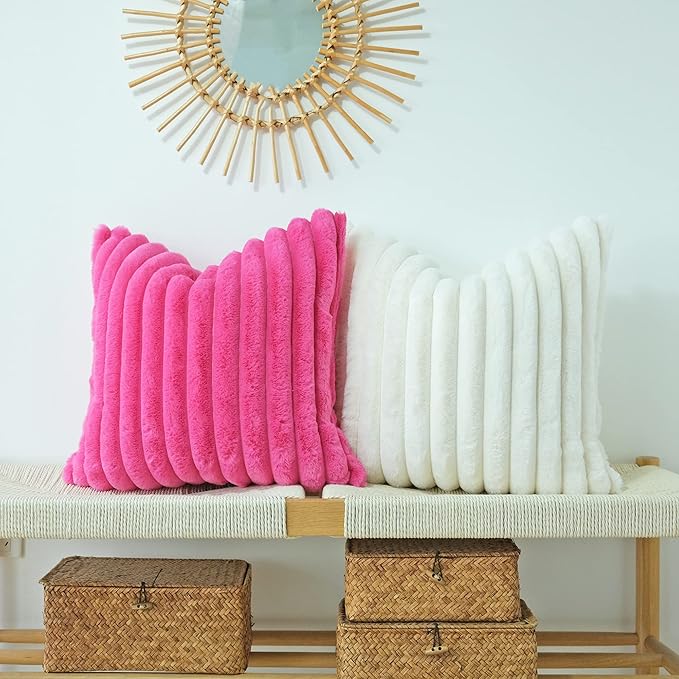 JOJUSIS Pack of 2 Faux Fur Plush Decorative Throw Pillow Covers Couch Cushion Case Soft Pillowcases (Hot Pink, 22 x 22-Inch)