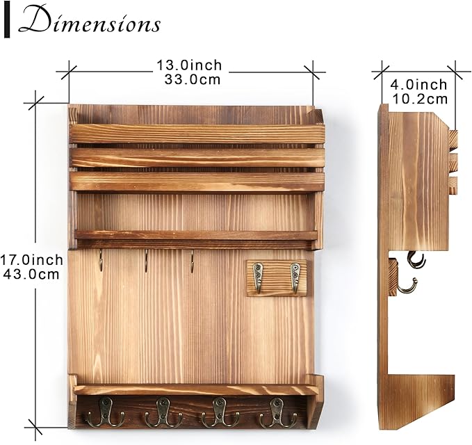Key Holder, Wall Mounted Mail Organizer, Keys Holder on Wall with 9 Key Hooks, Light Brown