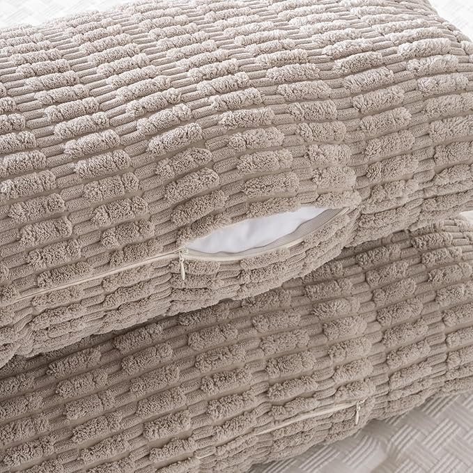 Fancy Homi Taupe Long Lumbar Decorative Throw Pillow Covers 20x54 Inch for Bed Couch Bed Sofa, Rustic Farmhouse Boho Room Decor, Soft Striped Corduroy Rectangle Cushion Case 50x137 cm
