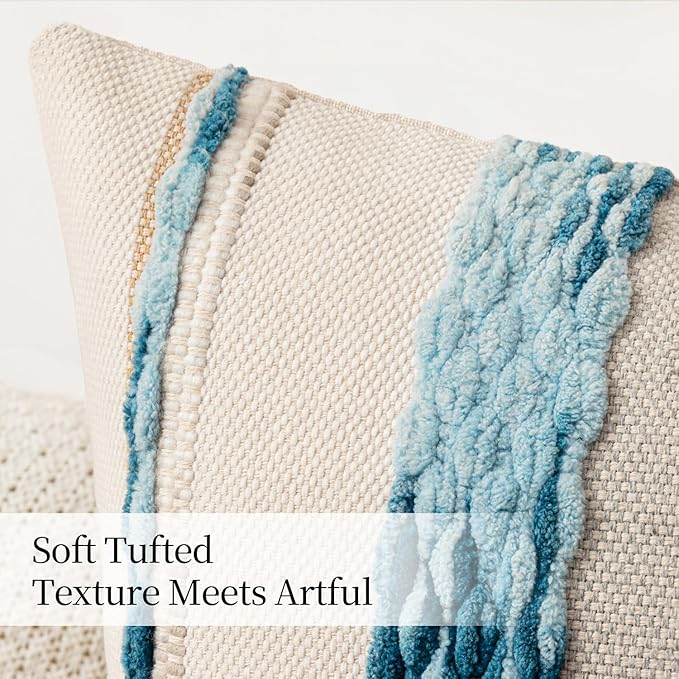 ANRODUO Pack of 2 Boho Decorative Throw Pillow Covers 18x18 Farmhouse Cushion Case Striped Chenille Pillow Cases Square Pillow Covers Accent Neutral Pillowcase for Sofa Couch Bed, Sky Blue Stripe 2