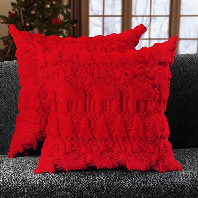 DFXSZ Christmas Pillow Covers 18x18 inch Set of 2 Red Christmas Tree Elk Decoration Soft Plush Faux Fur Jacquard Throw Pillows for Bedroom Sofa Holiday Festivals Winter Home Decor PTK069B18