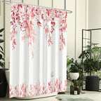 Eucalyptus Shower Curtain, Pink Watercolor Leaves with Floral Botanical Bathroom Decor, Waterproof Fabric Bath Curtain Set with Hooks, 72x84 Inches
