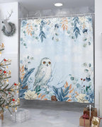 Blue Christmas Shower Curtain, Winter Snowy Owl Poinsettia Eucalyptus Leaves Shower Curtains Set with Hooks, Waterproof Fabric Bathroom Curtains Decor Home Accessories,72X 96 Inch Extra Long