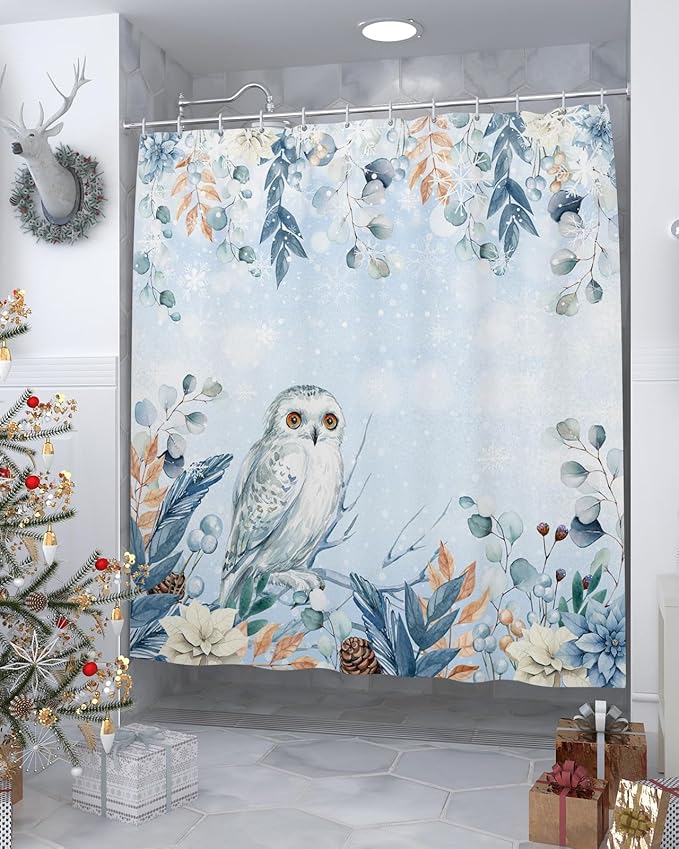 Blue Christmas Shower Curtain, Winter Snowy Owl Poinsettia Eucalyptus Leaves Shower Curtains Set with Hooks, Waterproof Fabric Bathroom Curtains Decor Home Accessories,72X 96 Inch Extra Long