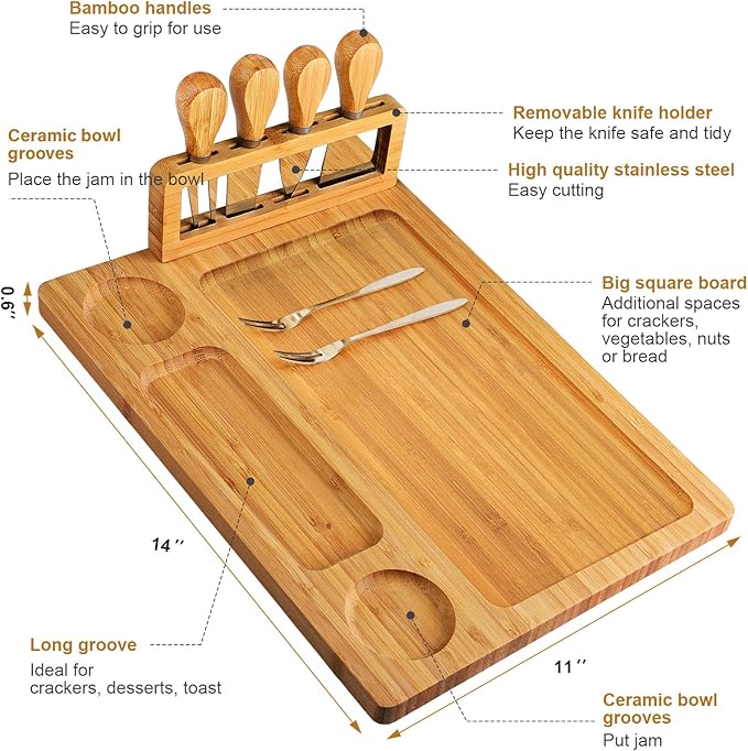 Bamboo Cheese Board Set - Charcuterie Boards and Serving Meat Platter, Cheese Tray with 4 Stainless Steel Cheese Knives Cutting Board Platter, Ideal for Halloween, Wedding, Christmas Gifts