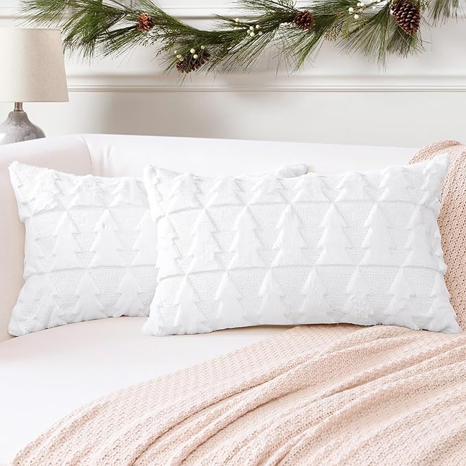 OTOSTAR Set of 2 Xmas Soft Plush Short Wool Velvet Decorative Throw Pillow Covers Rectangular Luxury Style Cushion Case Pillow Shell for Sofa Bedroom Christmas Tree White, 12x20 Inch