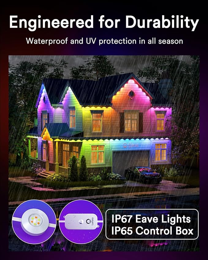 Lumary Permanent Outdoor Lights Pro with Remote, 40LED 53ft for House, 2000lm RGBAICW Smart Eave Light, Work with Alexa Google, Multi Scene for Daily Halloween Christmas Decor, IP67 Waterproof, White